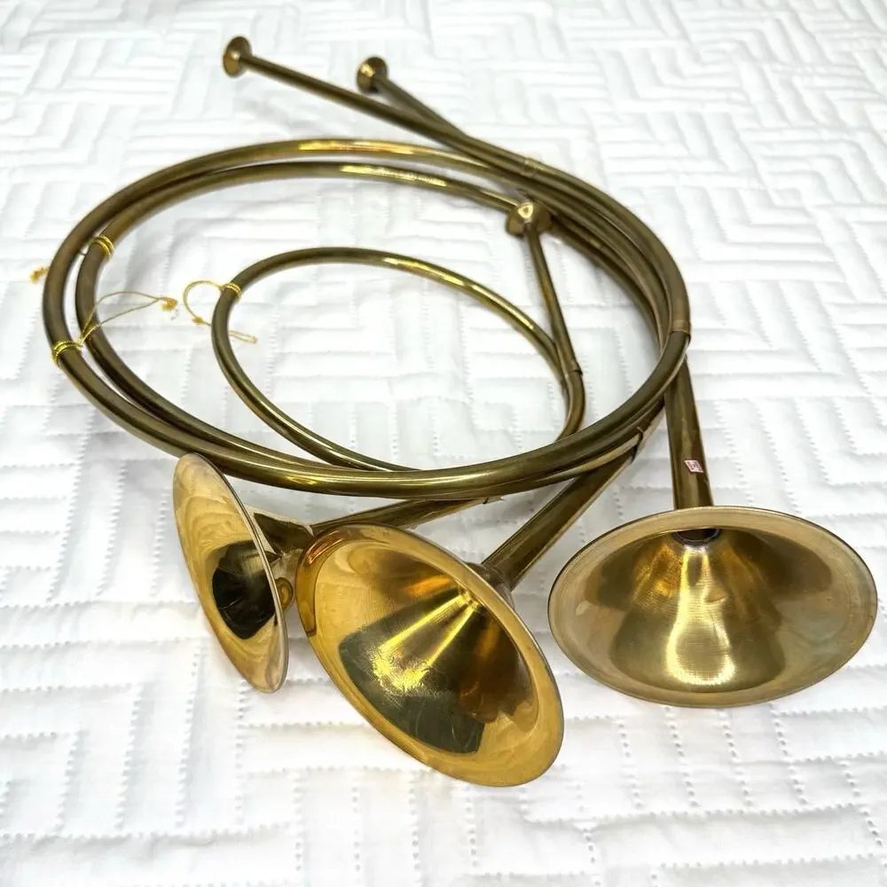 Set of 3 Vintage Brass French Horns Bugles Christmas Wall Decor 19x11” 12x7”